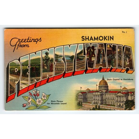 Vintage Greetings from Shamokin Pennsylvania Linen Postcard State Capitol - Picture 1 of 2